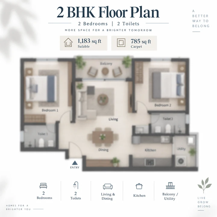 Abhee City Urban Glenn 2 BHK floor plan, 1,183 sq ft salable and 785 sq ft carpet Abhee City Urban Glenn 2 BHK floor plan, 1,183 sq ft salable and 785 sq ft carpet
