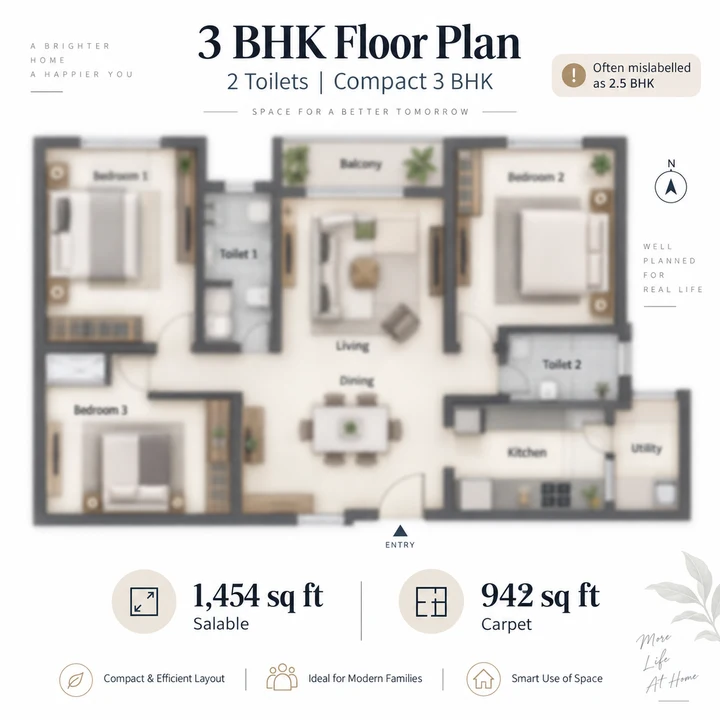 Abhee City Urban Glenn 3 BHK floor plan with two toilets, 1,454 sq ft salable and 942 sq ft carpet Abhee City Urban Glenn 3 BHK floor plan with two toilets, 1,454 sq ft salable and 942 sq ft carpet