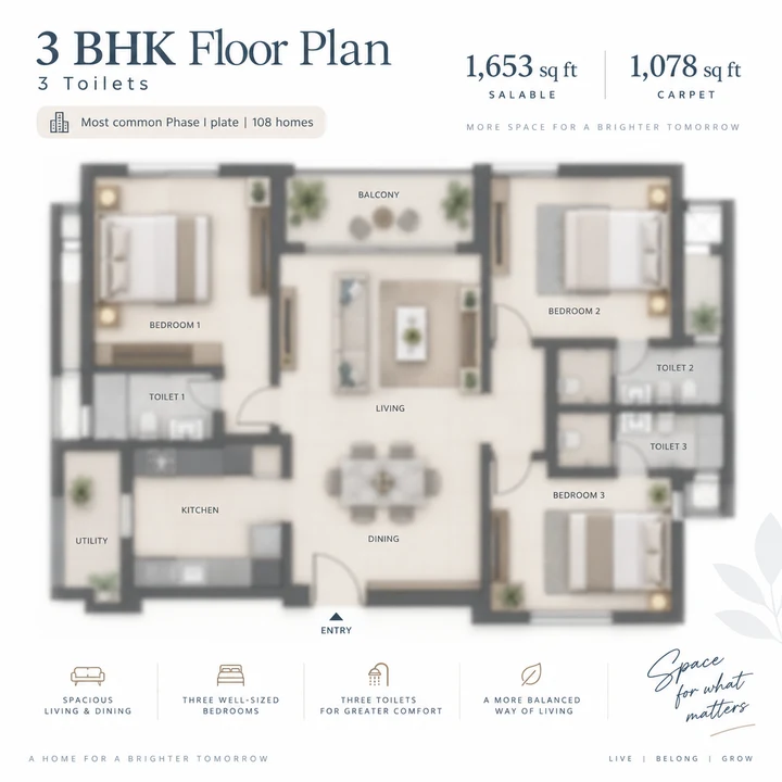 Abhee City Urban Glenn 3 BHK floor plan with three toilets, 1,653 sq ft salable and 1,078 sq ft carpet Abhee City Urban Glenn 3 BHK floor plan with three toilets, 1,653 sq ft salable and 1,078 sq ft carpet